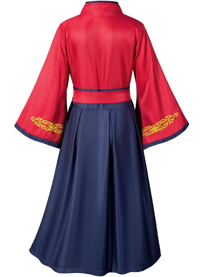 Elibelle Asian Traditional Dress Kimono Robe for Kids Girls Costume Silk Folding Fans hairstick Cosplay（Red Navy 150cm - Image 4